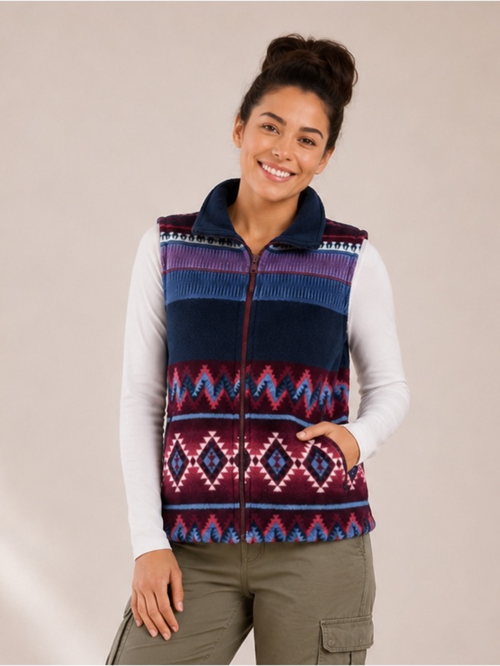 Blair Geometric-Western Zip-Up Fleece Vest in Navy, Burgundy & Dusty Blue